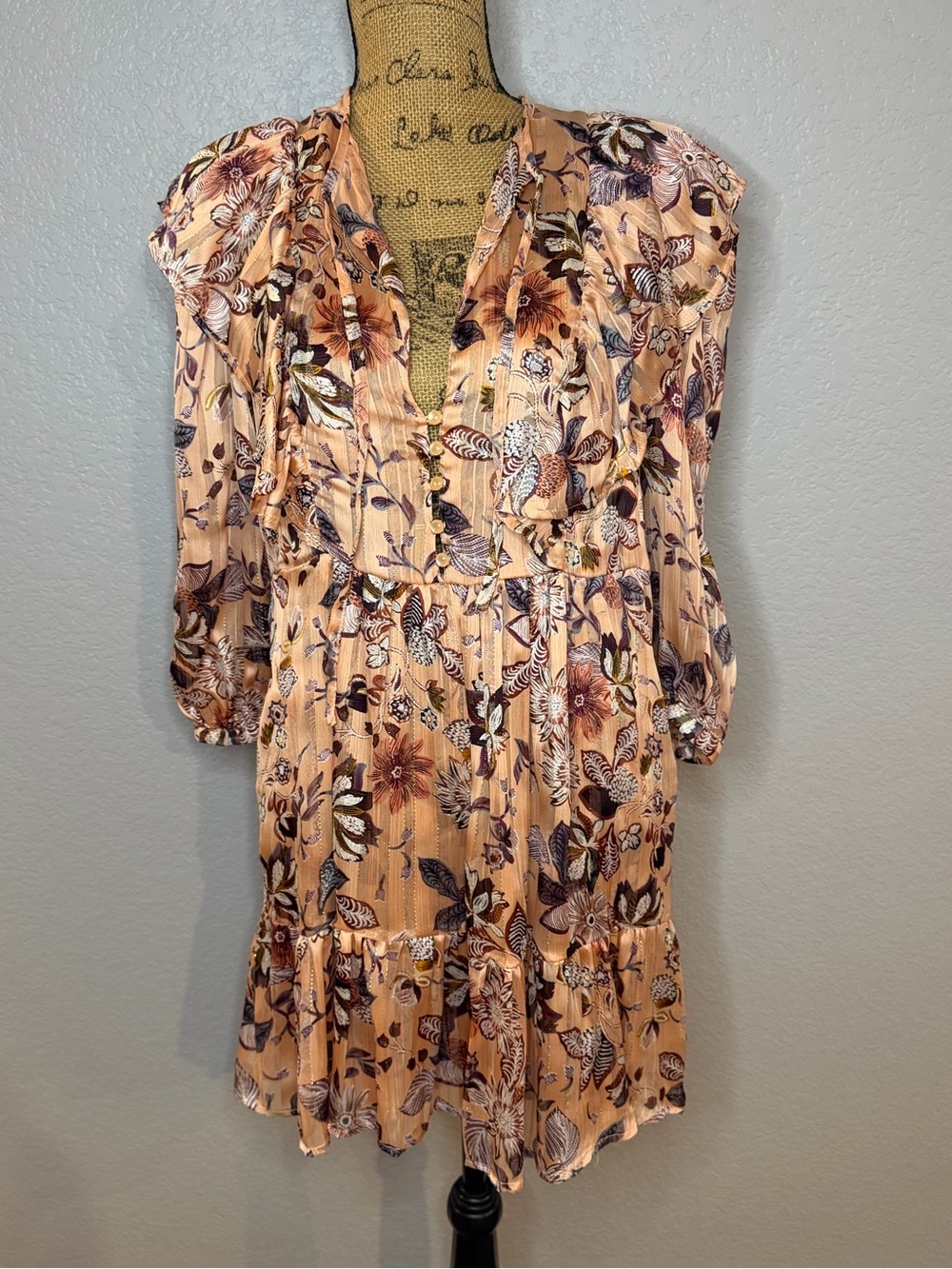Sabina Musayev Floral Peach V-Neck Tiered Women's Dress